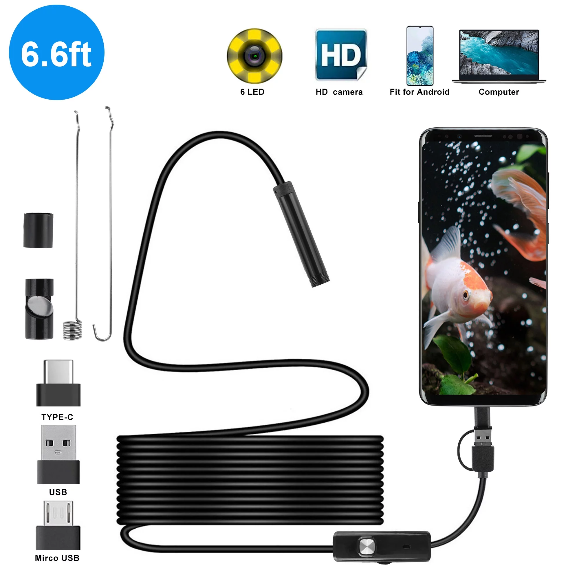 Black 6.6ft USB Endoscope - Waterproof Type-C Snake Inspection Camera with 6 LED Lights, Android Compatible